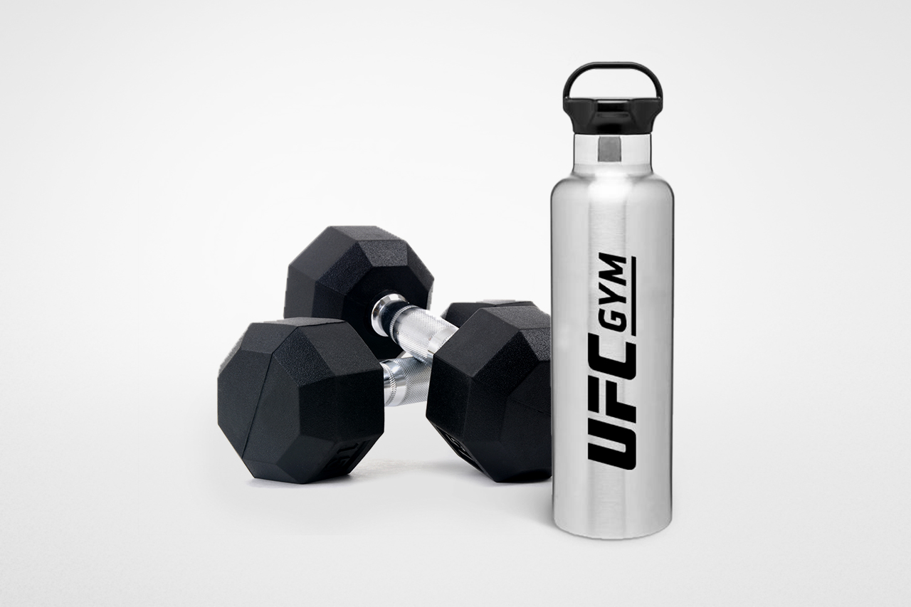 Pair of dumbbells and a water bottle